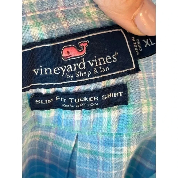 Vineyard Vines Blue Check Slim Fit Stretch Tucker Shirt Size XL - Picture 4 of 4